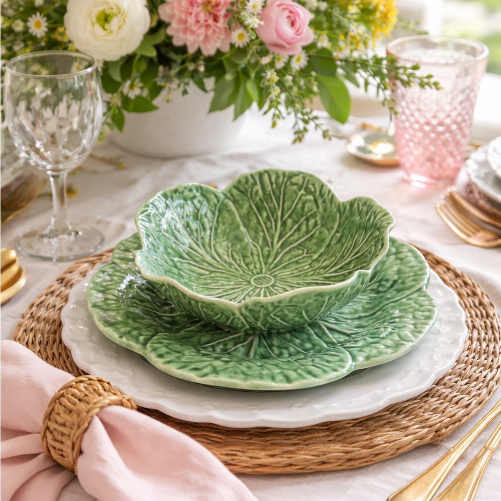 Vintage Portuguese Cabbage Ware Bowl & Plate SetGreen Majolica Made in Portugal